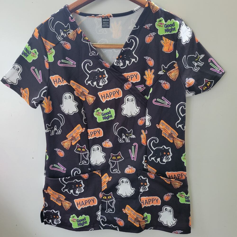 Cute Halloween Medical Scrub Top **Measure‎ M/L** Candy Ghost Pumpkin Cat Cotton